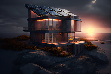 Eco friendly home by the coast. Futuristic minimal home design visualisation. generative AIの素材