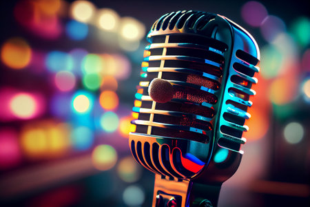Microphone on neon light background. Generative Aiの素材