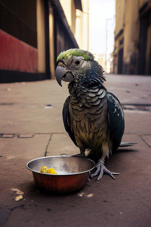 Stray sad and hungry parrot on city street, abandoned homeless pet, generative AI.の素材