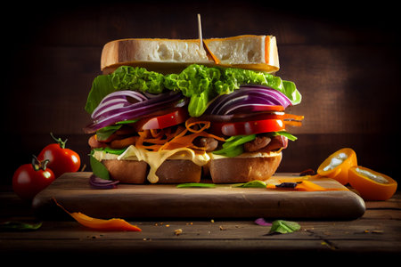 Monster sandwitch with fresh vegetables on wooden board. Generative AI.の素材