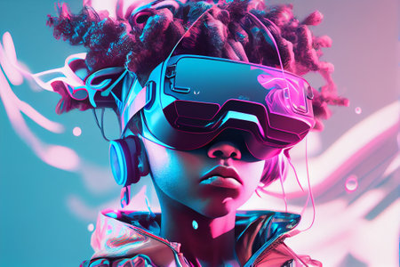 Young boy wearing VR virtual reality headset. Futuristic portret. Neon lghts. Generative AIの素材
