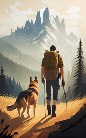Adventure seeking backpacker hiking with dog on mountains trial, generative aiの素材