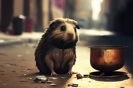 Stray sad and hungry guinea pig on city street, abandoned homeless pet, generative AI.の素材