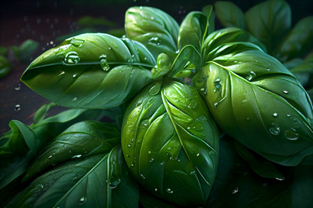 Fresh Basil herb leaves. Green seasoning plant. Close up view. Generative Aiの素材