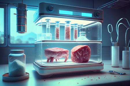Meat cultured in vitro in laboratory. Future alternative food. generative Aiの素材