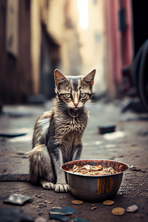 Stray sad and hungry cat on city street, abandoned homeless pet, generative AIの素材