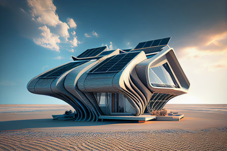 Eco friendly home by the coast. Futuristic minimal home design visualisation. generative AIの素材
