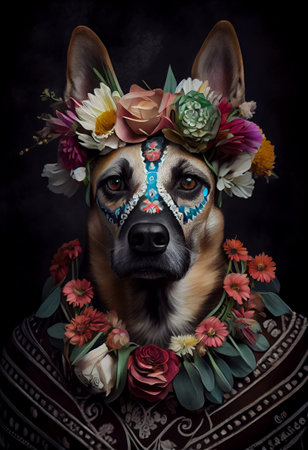 Dog with sugar skull and flowers, day of dead. Dia de los muertos mexican holiday background. Generative AIの素材