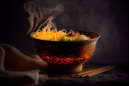 Hot Ramen in bowl with noodles and Miso. Hot steam on dark background. generative Ai,の素材