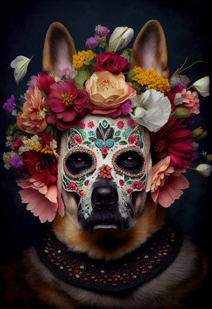 Dog with sugar skull and flowers, day of dead. Dia de los muertos mexican holiday background. Generative AIの素材