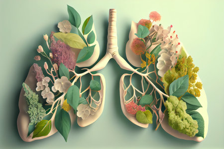 Human lungs made of flowers and petals, eco living and clean air concept background. Generative AIの素材