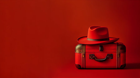 Tavel and vacation trip background with suitcase and summer hat. Copy space. Generative Aiの素材