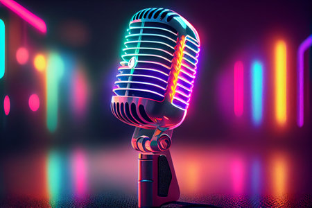 Microphone on neon light background. Generative Aiの素材