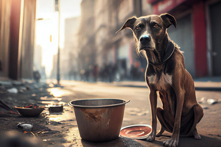 Homeless dog on street, skinny and hungry abandoned pet, Generative AI.の素材