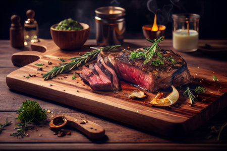 Grilled beef steak on wooden board with herbs and spices. Generative AIの素材