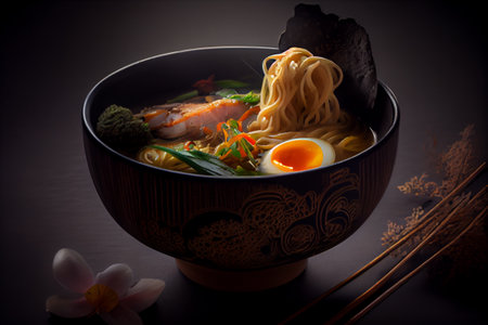 Ramen bowl with noodles. Oriental cuisine food. Generative Ai.の素材