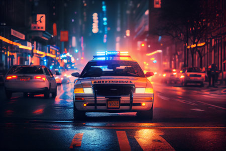 Police car with blue and red lights. Night street scene. Generative AIの素材