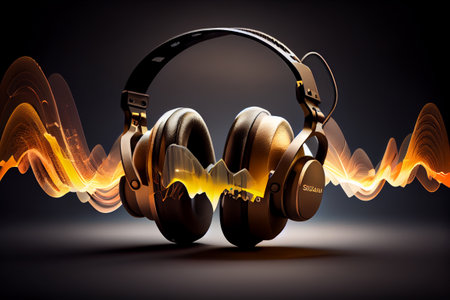 Studio headphones with sound wave in background. generative Aiの素材