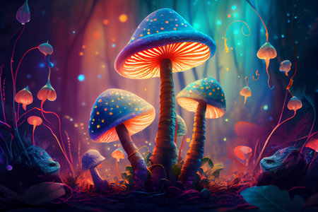 Magic glowing mushrooms in fantasy forest. Magical fairy landscape. Generative Aiの素材