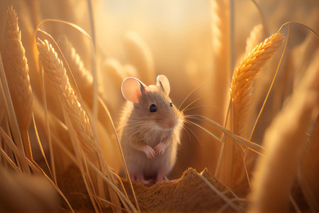 Mouse or mice in wheat fields. Pest contron concept. Generative AIの素材