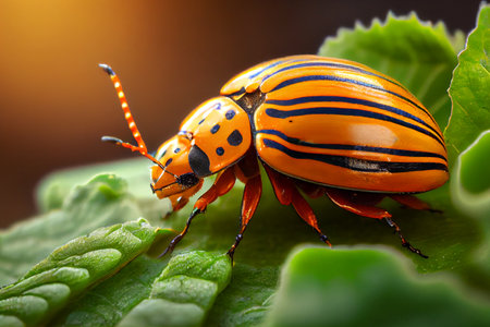 Potato beetle bug on green leaves, agriculture pest control concept, Generative AIの素材