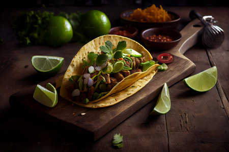 Mexican taco with lime and herbs on wooden board. Street food, traditional food. generative AIの素材