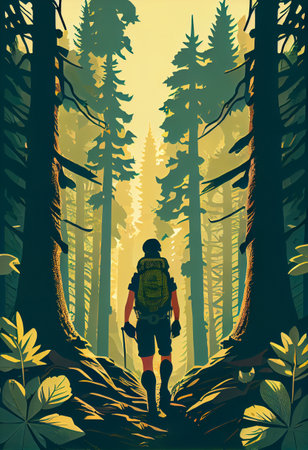 Adventure hiker in great outdoor, poster style. Generative AI.の素材
