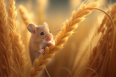 Mouse or mice in wheat fields. Pest contron concept. Generative AIの素材