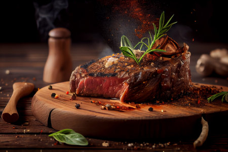 Grilled beef steak meat with fresh herbs and spices. generative aiの素材