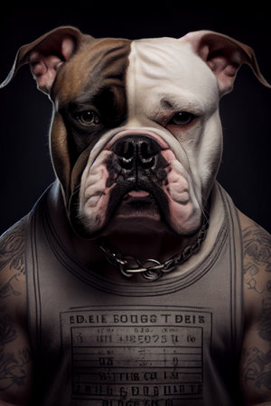 Mugshot of wanted dog in prison, bulldog in jail clothes, Generative AI.の素材