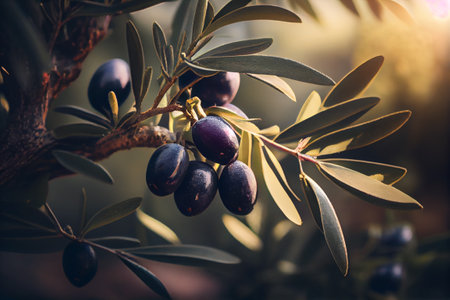 Fresh ripe olives on olive tree branch. Organic food ready for harvest. Generative AIの素材