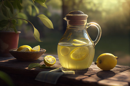 Jug of refreshing homemade lemonade made of fresh lemon fruits on wooden table under the tree in the garden at summer. Generative AIの素材