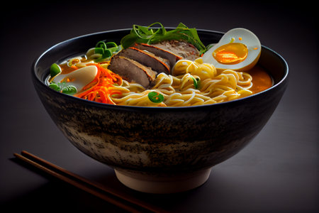 Ramen bowl with noodles. Oriental cuisine food. Generative Ai.の素材