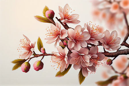 Pink cherry blossom. Spring flowers on branch. Close up view with blur in background. Generative Aiの素材