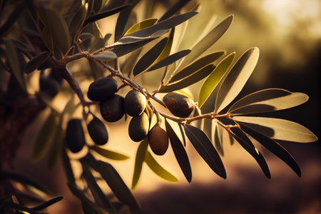 Fresh ripe olives on olive tree branch. Organic food ready for harvest. Generative AIの素材