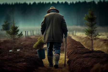 Planting young trees in new forest. Ecology activity concept. Generative AIの素材