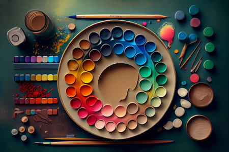 Artist painter tools and color palette. Top down flat lay background. Generative Aiの素材