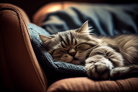 Cute adorable cat sleep on the sofa or couch at home. Generative AIの素材