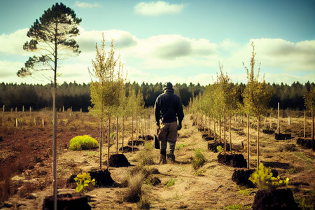 Planting young trees in new forest. Ecology activity concept. Generative AIの素材