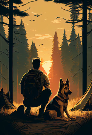 Adventure backpacker camping with dog in woods outdoors, looking at sunset. Generative aiの素材