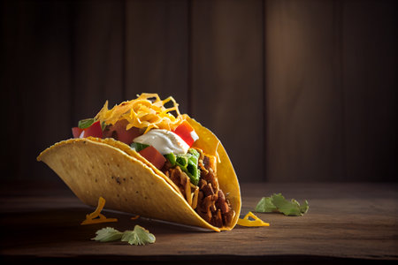 Mexican taco with lime and herbs on wooden background. Street food, traditional food. generative AIの素材