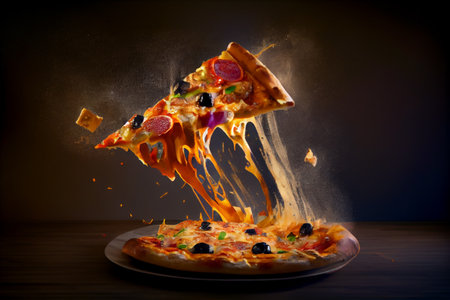 Slice of pizza with melted cheese and fresh ingredients on wooden table. Italian food. Generative AIの素材