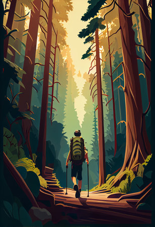Adventure hiker in great outdoor, poster style. Generative AI.の素材