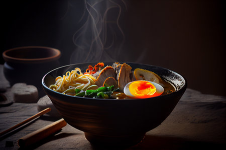 Hot Ramen in bowl with noodles and Miso. Hot steam on dark background. generative Ai,の素材