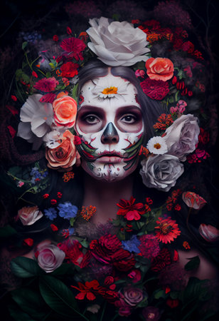Woman with sugar skull make up and flowers around. Day of dead creative portrait. Generative AIの素材