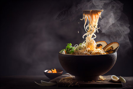 Hot Ramen in bowl with noodles and Miso. Hot steam on dark background. generative Ai,の素材