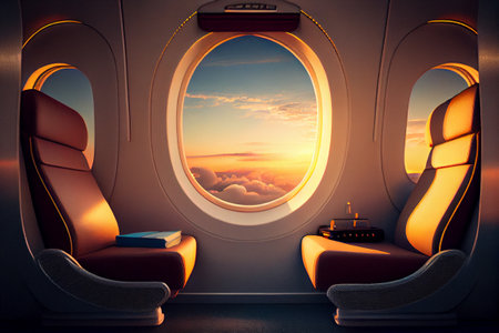 Luxury first class passenger plane interior with sunset view trough window and chairs . Generative AIの素材