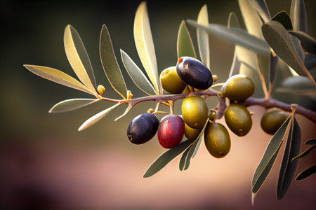 Fresh ripe olives on olive tree branch. Organic food ready for harvest. Generative AIの素材