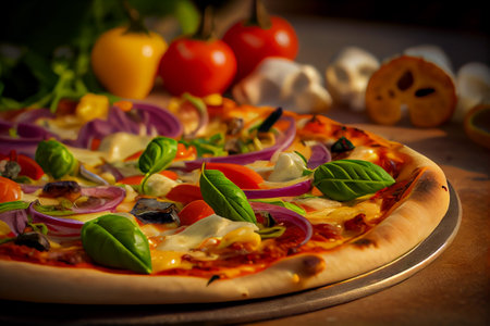 Freshly baked pizza with melted cheese and fresh basil served on wooden table. Rustic restaurant. Generative Aiの素材