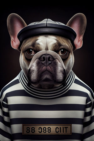 Mugshot of wanted dog in prison, french bulldog in jail clothes, Generative AIの素材